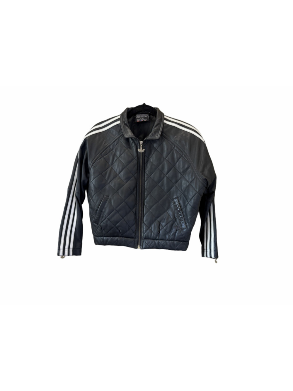 Vtg Adidas Trefoil Black Genuine Leather Quilted Track Jacket Women’s Size M